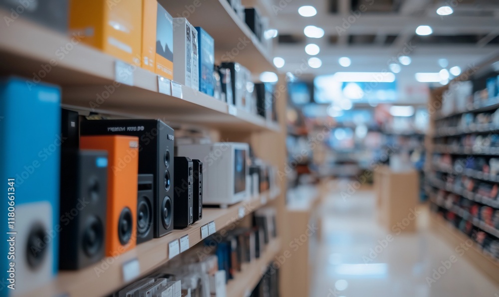 Electronics store shelf with speakers and boxes.