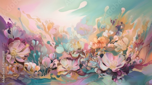 A surreal abstract design that resembles flowers blooming in a dreamlike landscape. Soft pastel gradients of pink, mauve, and turquoise blend together, with delicate petal-like shapes radiating outwar photo