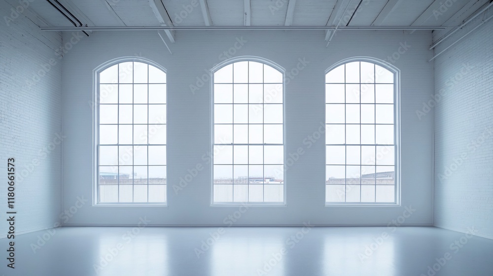 Minimalist white room with three arched windows offering a view of a calm sea. Minimalist white room with three arched windows offering a view of a calm sea.