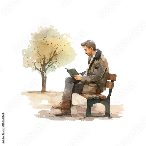 man reading on bench park vector illustration in watercolor style