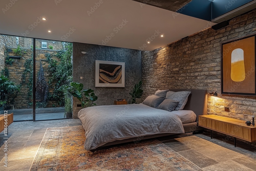 Fototapeta premium Modern bedroom with exposed brick wall, featuring a large bed and garden view. Image ideal for interior design, home decor, and real estate websites.