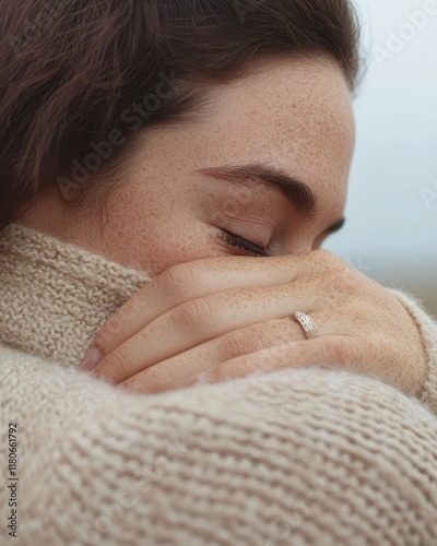 A woman is wearing a ring and is hugging herself