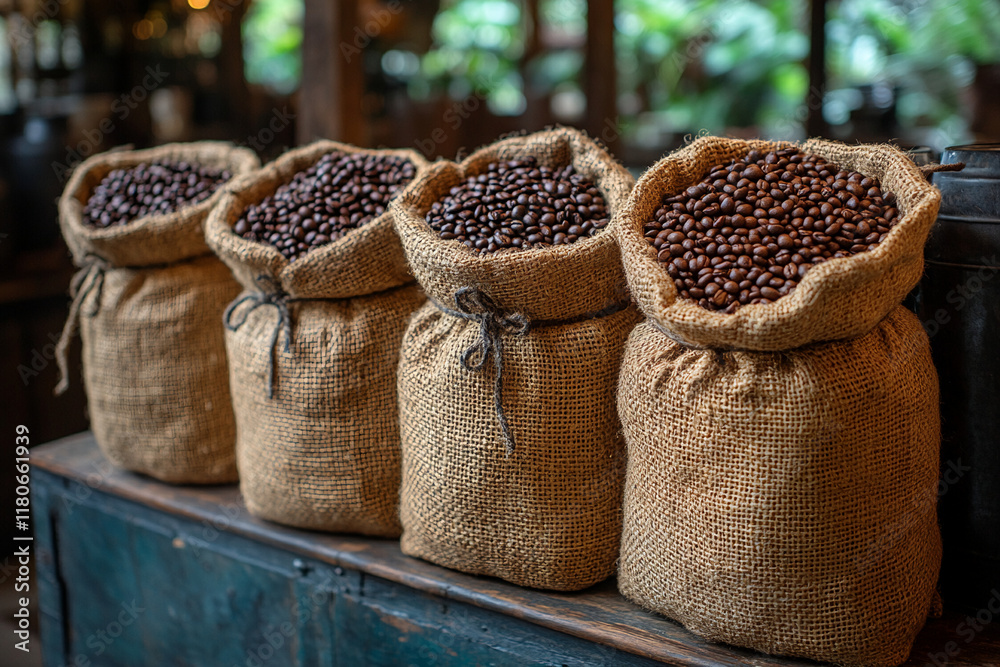 Obraz premium Burlap sacks contain rich coffee beans displayed on a wooden table in a cozy shop. Generative AI
