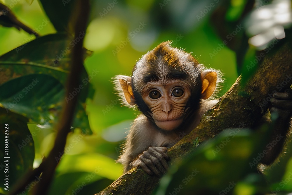 Fototapeta premium Adorable baby monkey clinging to a tree branch in lush green rainforest.