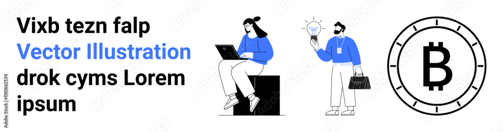 Text block, female working on laptop, male with light bulb and briefcase, cryptocurrency symbol. Ideal for technology, finance, business, innovation, digital currency, professional, modern. Landing Text block, female working on laptop, male with light bulb and briefcase, cryptocurrency symbol. Ideal for technology, finance, business, innovation, digital currency, professional, modern. Landing