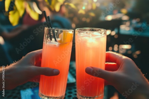 Two People Toasting Refreshing Pink Cocktails Outdoors photo