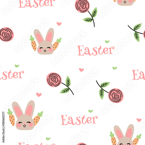 Easter pattern with different characters and other elements. Easter bunny, chicks, eggs and flowers, sheep, basket with eggs. Vector illustration.