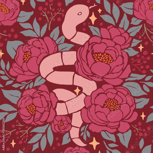 Year of Snake with Peonies Vector seamless pattern Chinese New Year