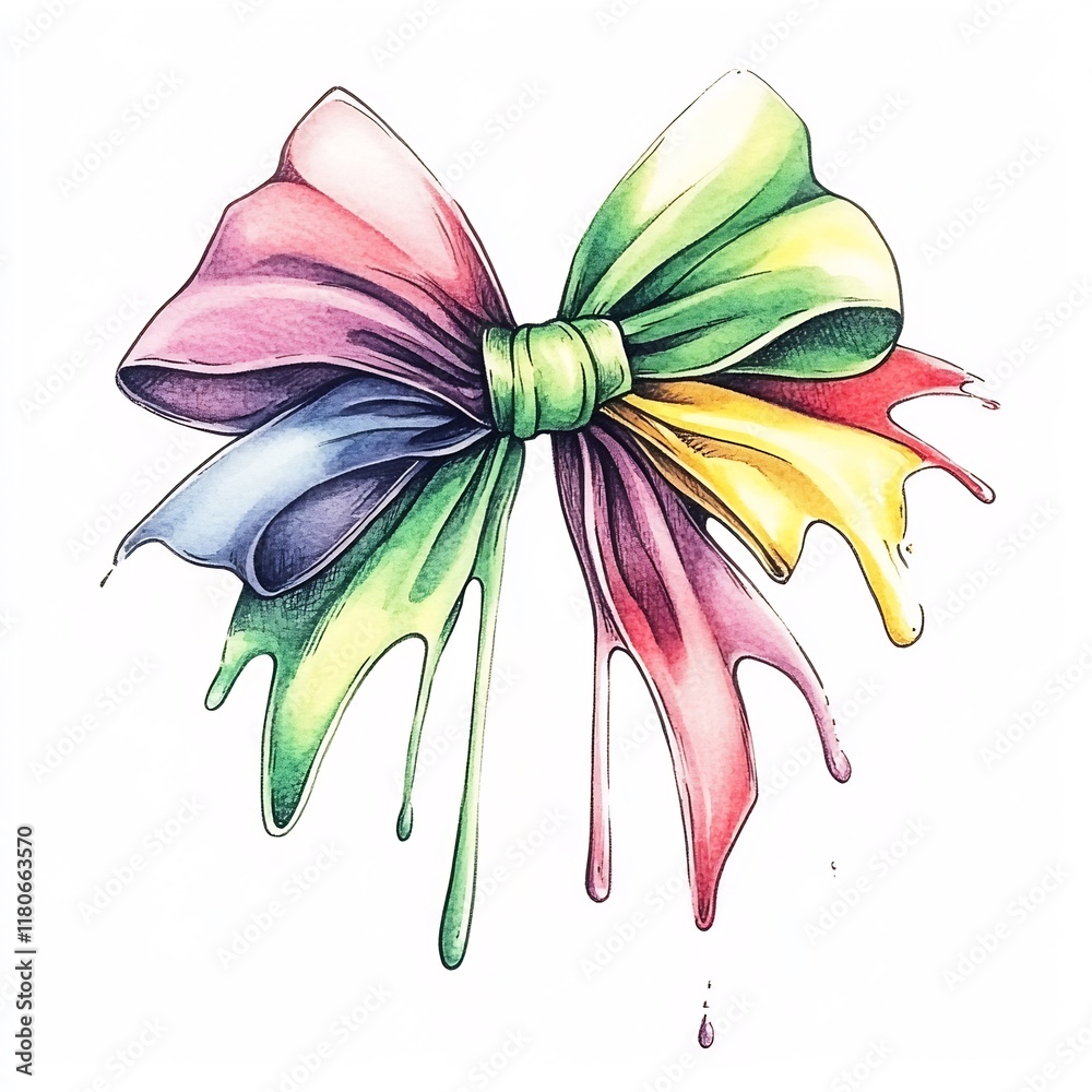Naklejka premium Vibrant Rainbow Bow Illustration: Dripping Color, Whimsical Style. AI Generated