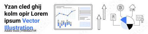 Monitor displaying graphs and charts, arrows indicating growth, cryptocurrency icons, and a pie chart in blue, black, and white. Ideal for data analytics, financial growth, tech startups