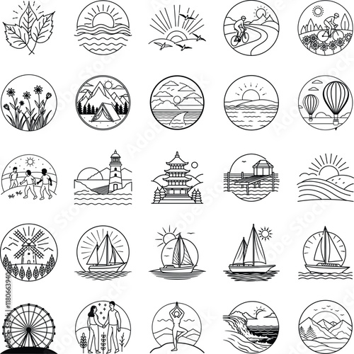 Line Art Travel Icons Nature, Adventure, and Exploration