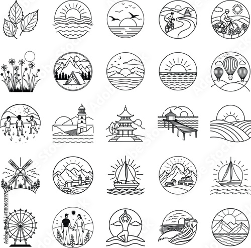 Nature Icons Minimalist Line Art Travel Scenery Sunsets Landscapes