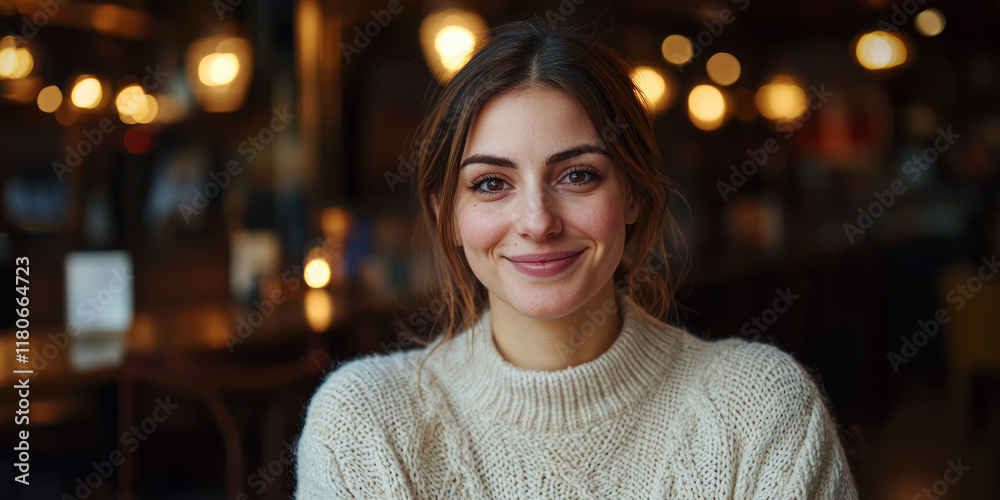 Portrait photography of a woman wearing a white sweater with a knitted pattern, generative AI