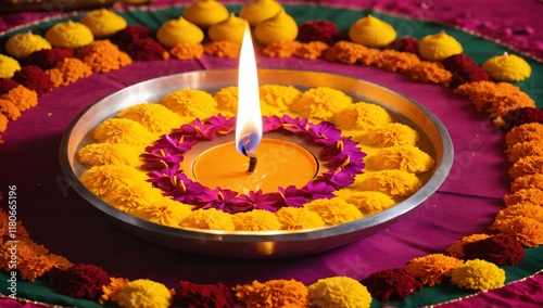  A radiant diya lamp illuminates the vibrant rangoli designs photo