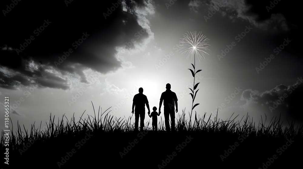 A grayscale image showcasing the silhouettes of a gay couple holding hands with a child, walking through a field of grass at sunset or sunrise. A grayscale image showcasing the silhouettes of a gay couple holding hands with a child, walking through a field of grass at sunset or sunrise.