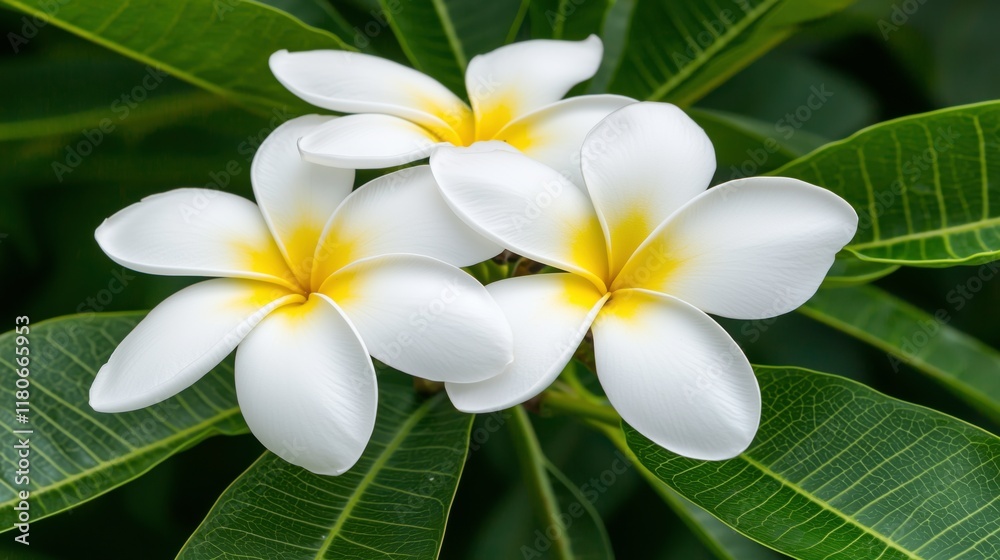 A close-up of beautiful plumeria flowers with white petals and yellow centers, surrounded by lush green leaves, creating a serene and tropical atmosphere A close-up of beautiful plumeria flowers with white petals and yellow centers, surrounded by lush green leaves, creating a serene and tropical atmosphere