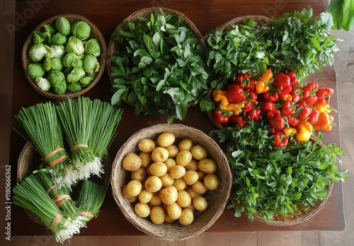 Freshly Harvested Vegetables Including Potatoes, Tossed Greens, Red and Yellow Bell Peppers, and Brussels Sprouts in Natural Baskets on a Wooden Table Surface photo