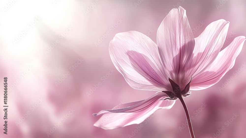 Fototapeta premium Delicate pink flower with soft translucent petals, captured in soft, diffused light, creating a dreamy, ethereal atmosphere, highlighting the beauty of nature in a blurred background