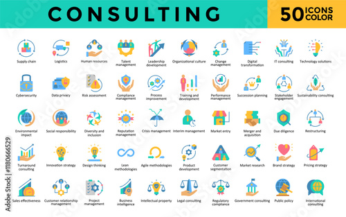 Consulting icons set with supply chain, logistics, human resources, talent management, leadership development, organizational culture, change management icon. Simple flat color vector 
