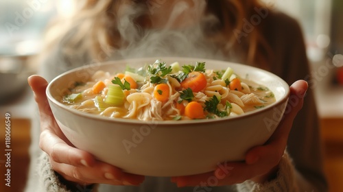 Steaming Bowl of Chicken Noodle Soup with Fresh Vegetables