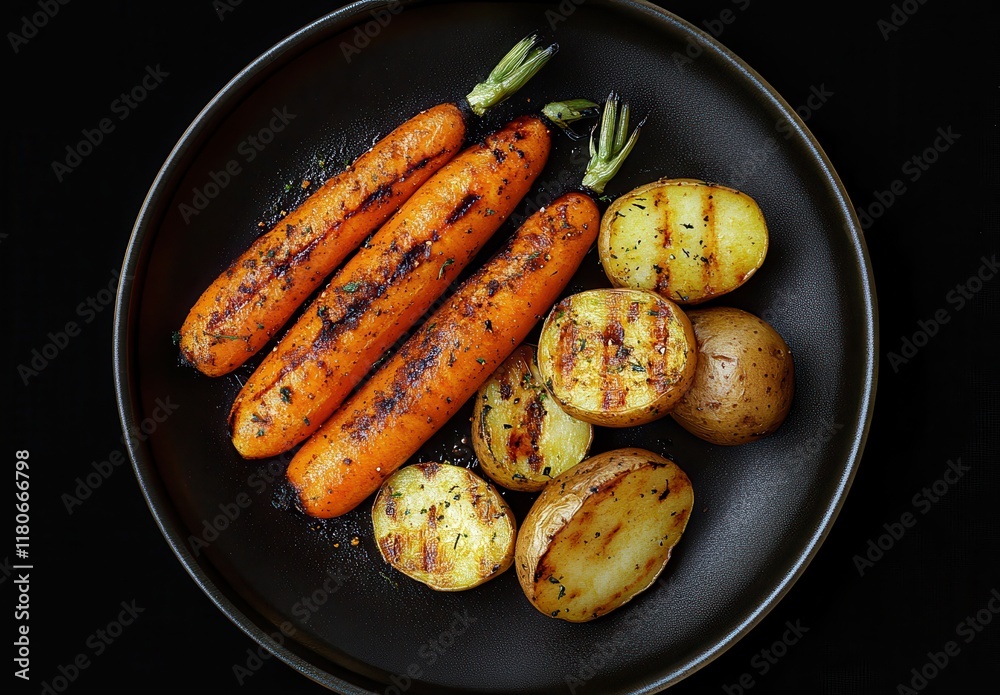 Grilled Carrots and Potatoes on a Black Plate with Smoky Grilled Marks and Fresh Herbs for a Healthy and Delicious Meal Presentation Grilled Carrots and Potatoes on a Black Plate with Smoky Grilled Marks and Fresh Herbs for a Healthy and Delicious Meal Presentation