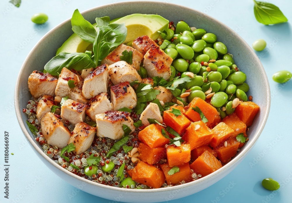 Healthy and Colorful Bowl with Grilled Chicken, Quinoa, Edamame, Roasted Sweet Potatoes, and Fresh Herbs on a Light Blue Background Healthy and Colorful Bowl with Grilled Chicken, Quinoa, Edamame, Roasted Sweet Potatoes, and Fresh Herbs on a Light Blue Background