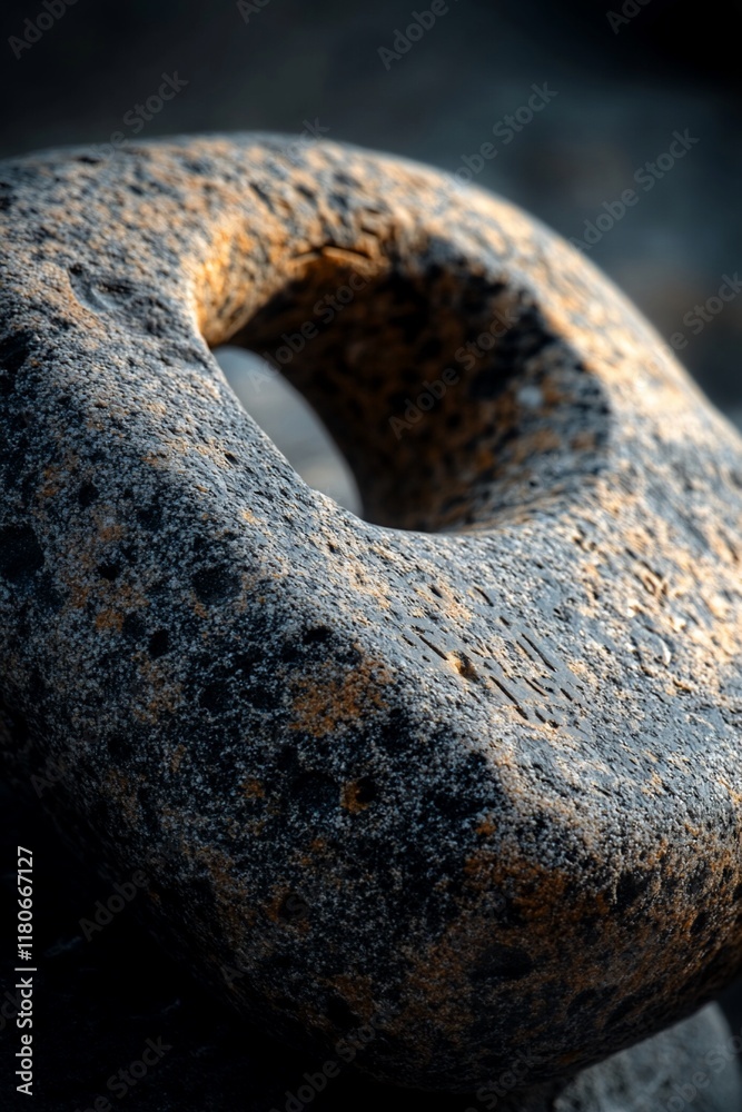 Close-up of a weathered stone ring with a hole in the center. Close-up of a weathered stone ring with a hole in the center.