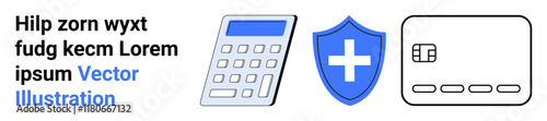 Calculator, health shield with cross, and credit card icons next to placeholder text. Ideal for finance, healthcare, insurance, medical savings, budgeting, security and landing page