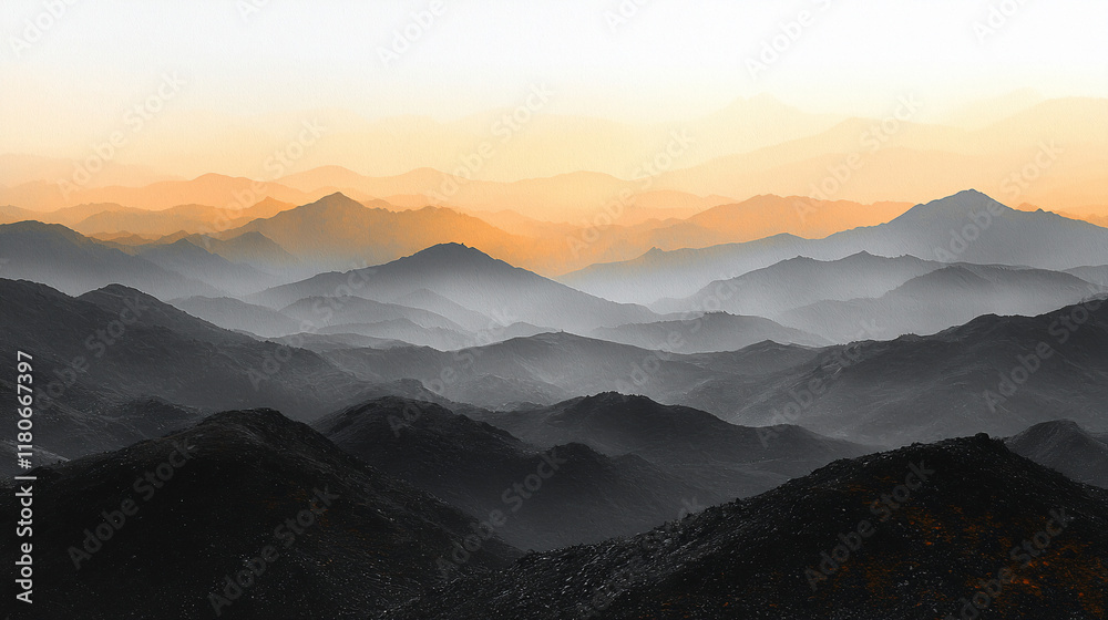 Fototapeta premium Misty mountain range at sunrise, layers of hills in warm sunset light.