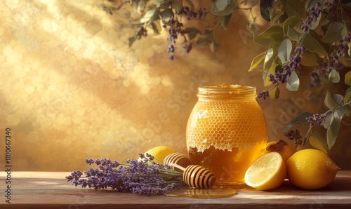 image of a beautiful glass jar filled with honey placed on a wooden table, surrounded by honeycomb, sprigs of fresh lavender and several lemon slices, against a warm gold soft focus background  photo