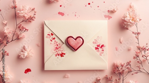 Hand-Painted Envelope with Heart Design Surrounded by Flowers