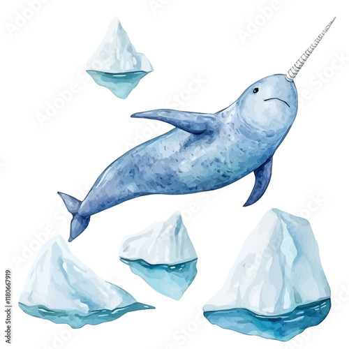 A watercolor clipart of a narwhal swimming near icebergs, isolated on a white background. Narwhal vector.
