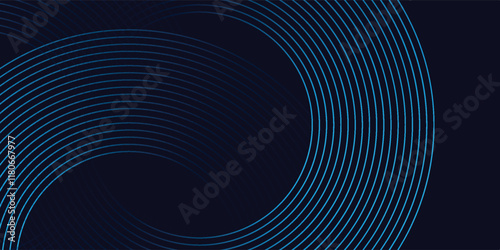 Blue abstract background with glowing circles. Swirl circular lines pattern. Geometric spiral.