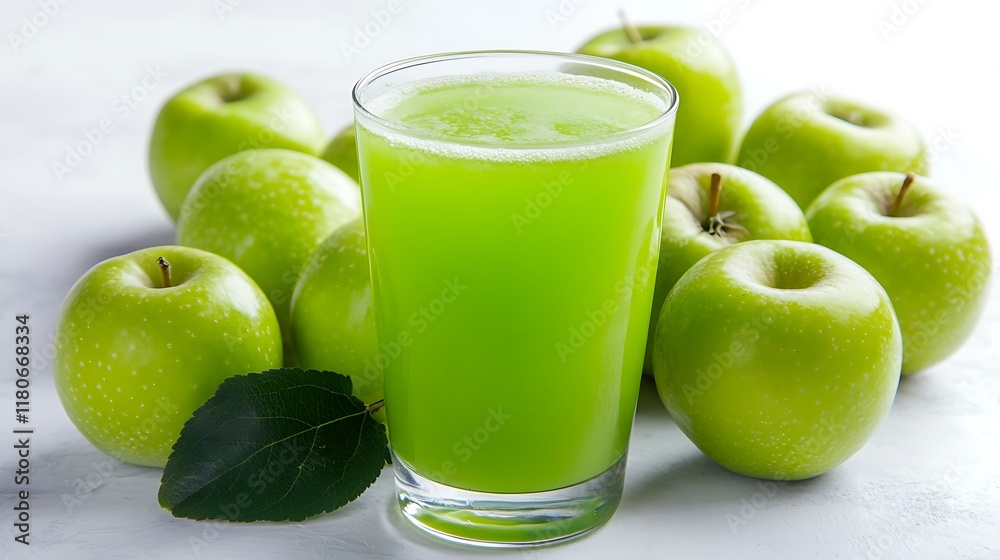 Fresh green apple juice in a shiny glass, surrounded by crisp green apples on a clean white background, radiating natural freshness. Fresh green apple juice in a shiny glass, surrounded by crisp green apples on a clean white background, radiating natural freshness.
