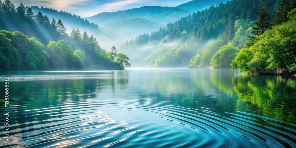 custom made wallpaper toronto digitalSerene morning mist shrouds a tranquil lake nestled amidst lush green forests, reflecting the sun's rays and creating a picturesque landscape