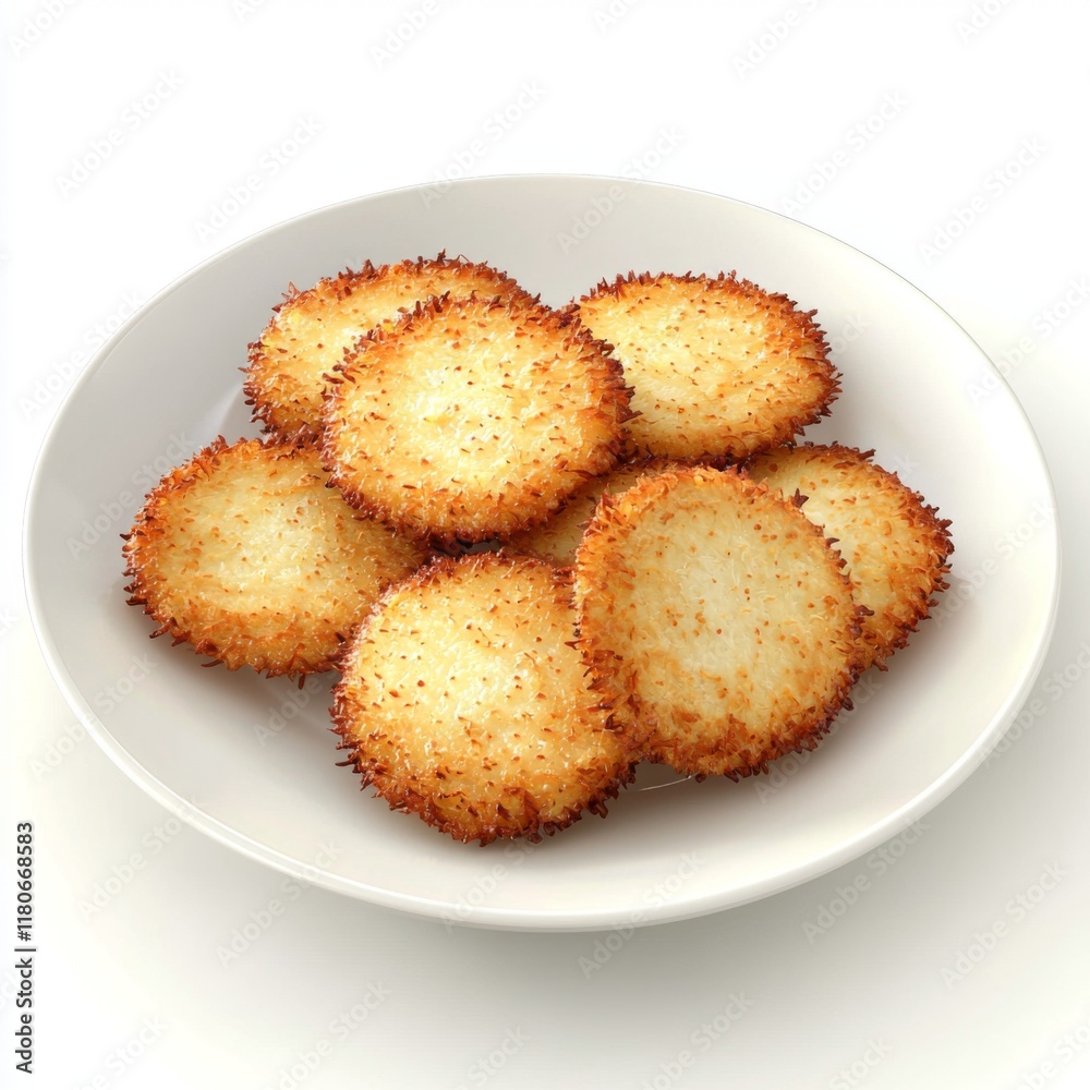 Crispy golden coconut cookies arranged on a white plate ready for dessert or snack time delight Crispy golden coconut cookies arranged on a white plate ready for dessert or snack time delight