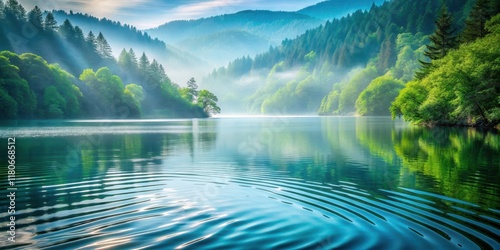 Wallpaper Mural Serene morning mist shrouds a tranquil lake nestled amidst lush green forests, reflecting the sun's rays and creating a picturesque landscape Torontodigital.ca