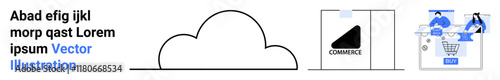 Cloud outline connected to e-commerce bag, data chart with people icons. Ideal for tech solutions, online shopping, data analysis, digital marketing, cloud services, business strategy, and teamwork