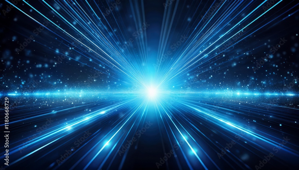 Fototapeta premium Bright blue light effect with rays and highlights, glow particle, black background