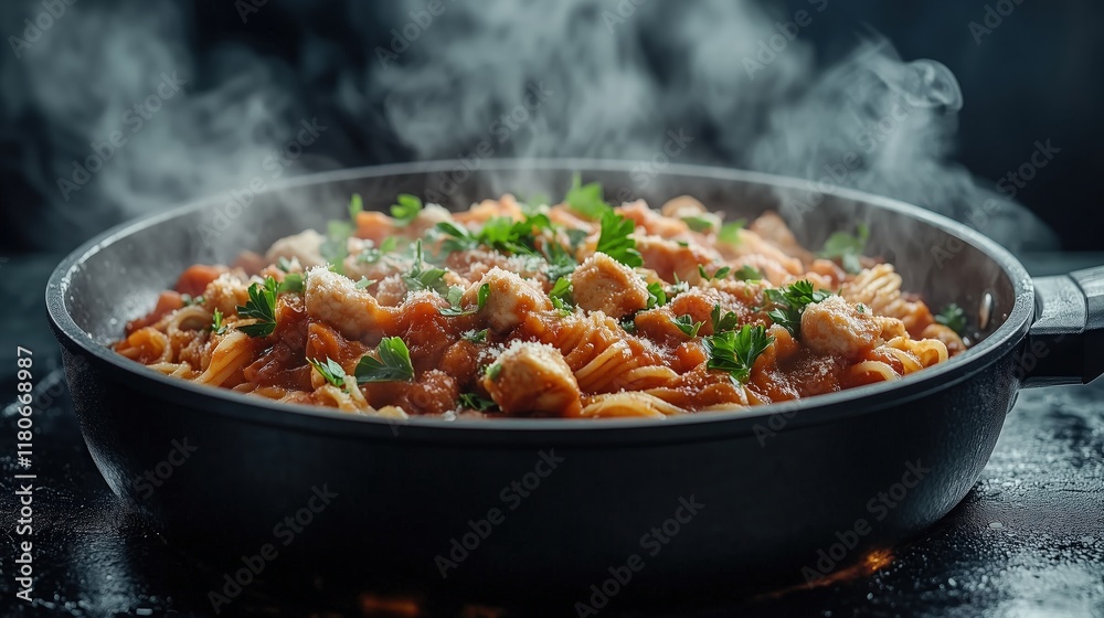 Steaming Chicken in Tomato Sauce with Fresh Parsley Garnish Steaming Chicken in Tomato Sauce with Fresh Parsley Garnish