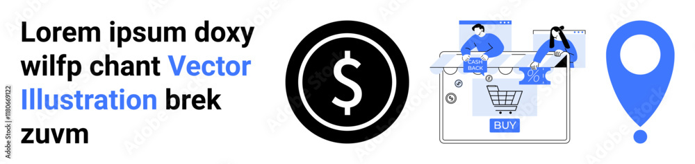 Cartoon characters engaged in online shopping. Black dollar sign. Blue location marker. Ideal for e-commerce, market research, sales strategies, financial analysis, retail, consumer behavior Cartoon characters engaged in online shopping. Black dollar sign. Blue location marker. Ideal for e-commerce, market research, sales strategies, financial analysis, retail, consumer behavior
