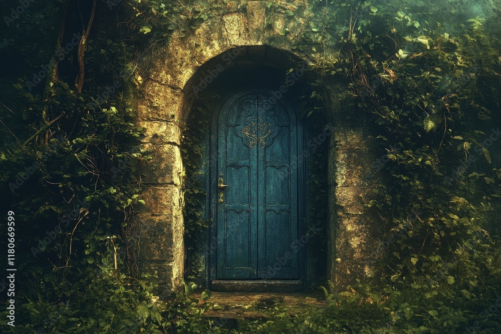 Enigmatic Teal Door Within Ancient Stone Archway