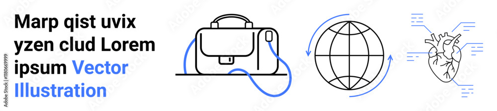 Bag with handle, digital globe, and anatomical heart connected by lines. Ideal for travel, technology, education, healthcare, media, globalization, science Landing page Bag with handle, digital globe, and anatomical heart connected by lines. Ideal for travel, technology, education, healthcare, media, globalization, science Landing page