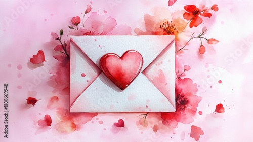 Hand-Painted Heart Shaped Envelope on Floral Background Artwork