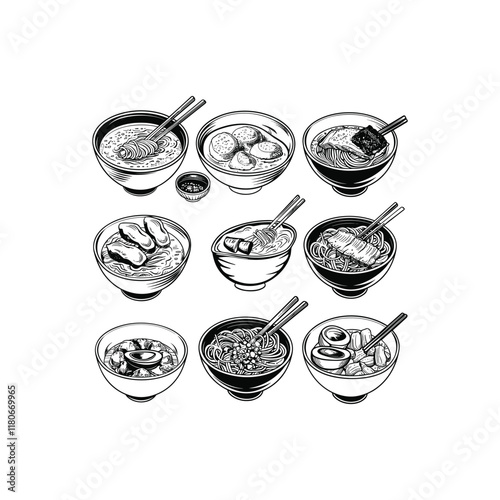 Ramen noodle hand drawn engraving design vector template