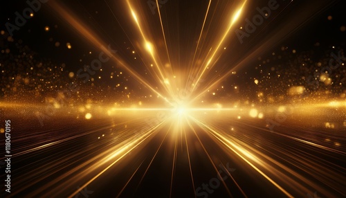 Bright gold light effect with rays and highlights, glow particle, black background