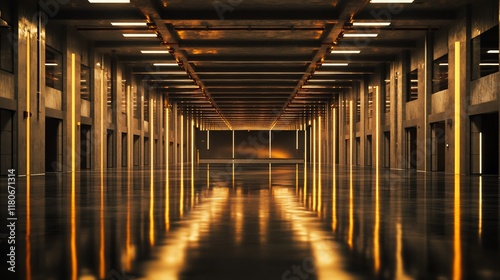 Long, dark corridor with golden lights reflecting on polished floor.