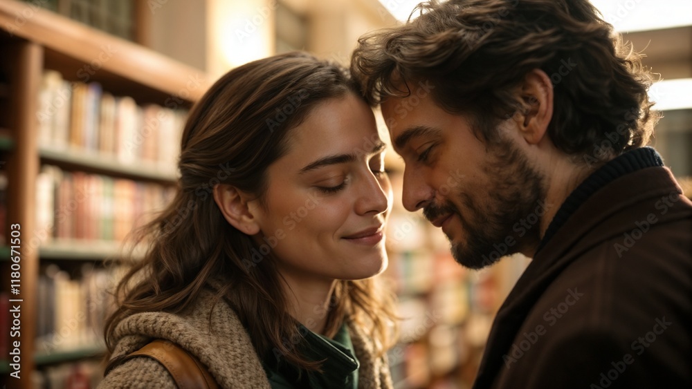 Amorous glance between a couple in a library with warm lighting for intimate romantic moment
Amorous glance between a couple in a library with warm lighting for intimate romantic moment