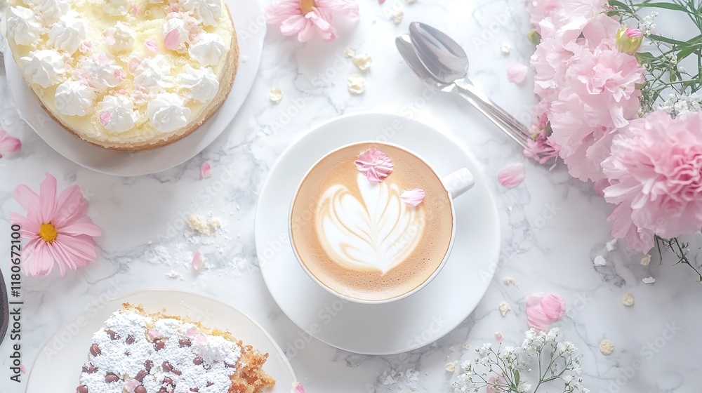 Exquisite Latte Art Coffee with a Cake and Delicate Flowers. Aesthetic and Appetizing Breakfast or Coffee Break Scene. Exquisite Latte Art Coffee with a Cake and Delicate Flowers. Aesthetic and Appetizing Breakfast or Coffee Break Scene.