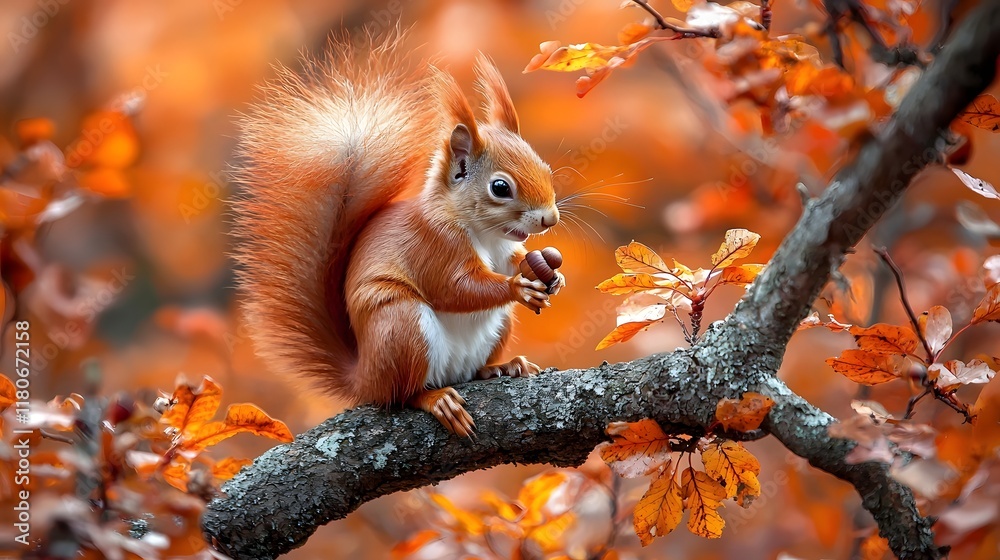 Obraz premium Cute Red Squirrel Nibbling on Acorn Surrounded by Vibrant Autumn Foliage
